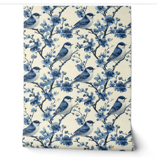 Papier Peint Vintage Delft Blue Little Birds Chinoiserie