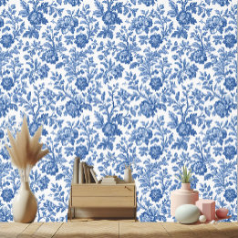 Papier Peint Vintage French Toile Botanical Blue Floral Motifs 