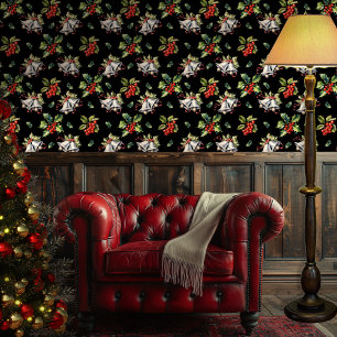 Papier Peint Vintage Noël Vacances Cloches d'argent et Holly