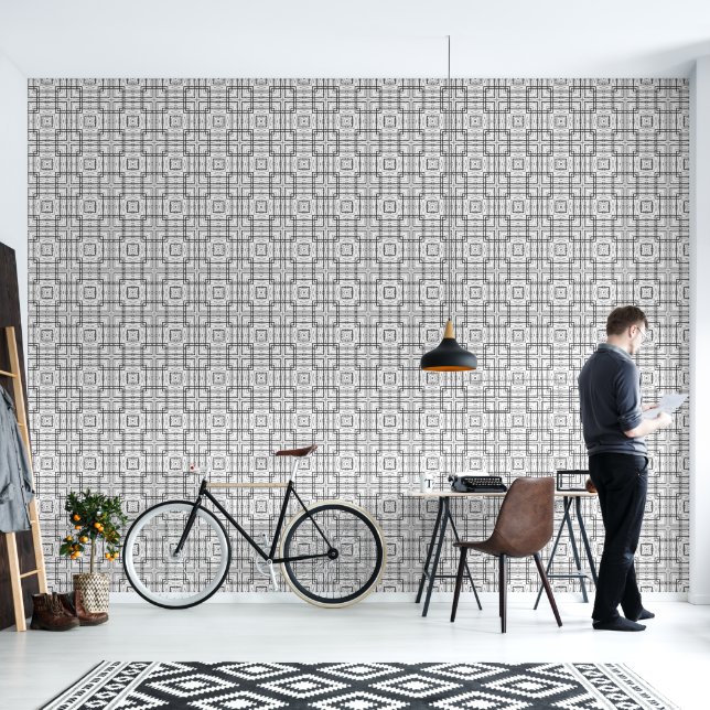Papier Peint Vinyl Carrés géométriques noir et blanc (Salon)