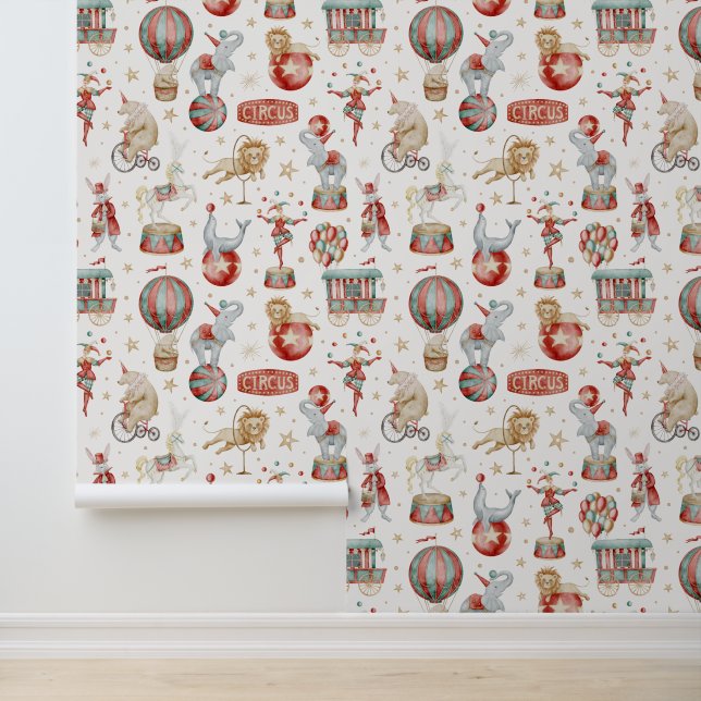 Papier Peint Watercolor Circus Performers and Animals Wallpaper (Application)