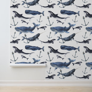 Papier Peint Watercolor Whale & Anchor Pattern
