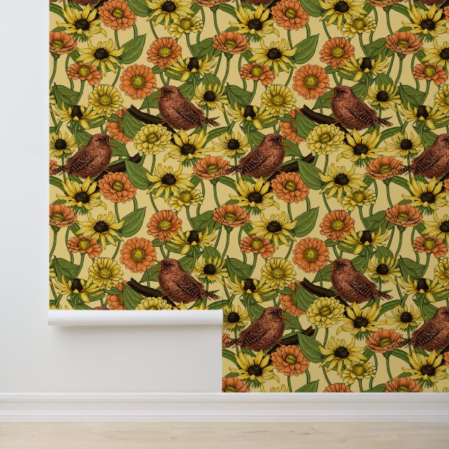 Papier Peint Wens et fleurs sur jaune pâle (Application)