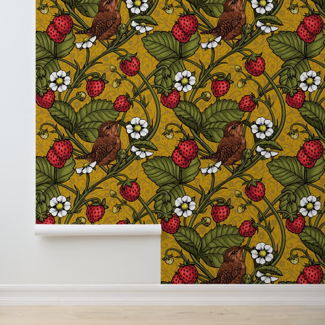 Papier Peint Wens et fraises sur mustrard (Application)