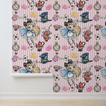 Whimsical Alice Tea Party Pink Stripes Wallpaper