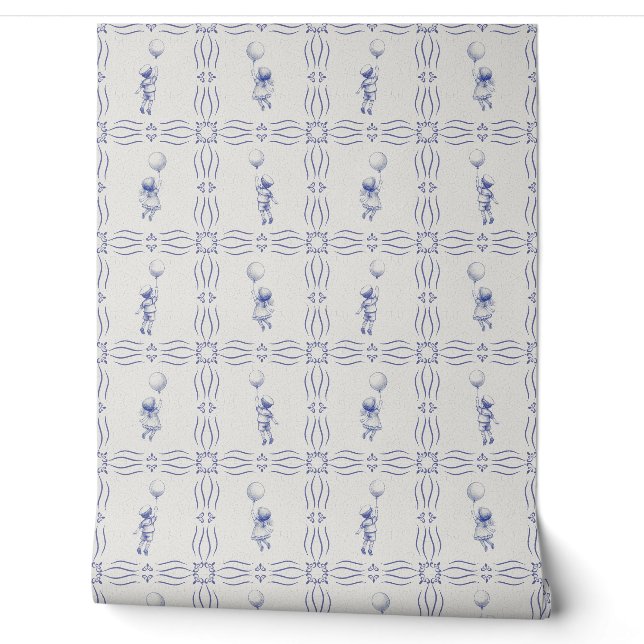 Papier Peint Whimsical faux crackle blue Delft style nursery (Déroulement)