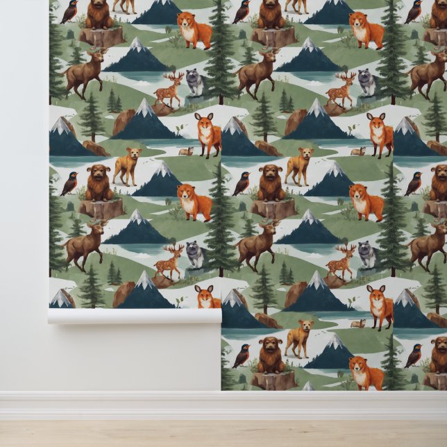 Papier Peint Whimsical Mountain Adventure Animaux Cool Motif (Application)