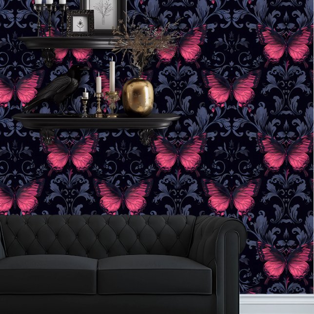 Papier Peint Whimsigoth Elegant Magenta Butterflies (Whimsigoth Magent Butterflies and Dark Damask wallpaper behind a black couch.)