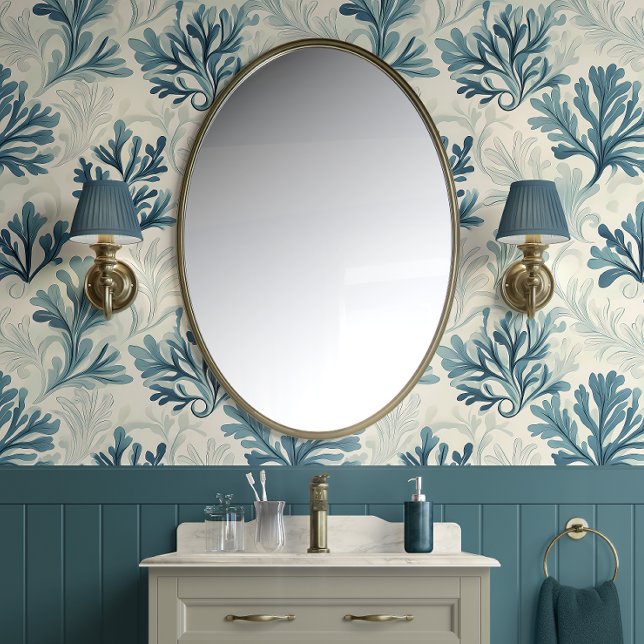 Papier Peint Whispers de fougères - Turquoise, blanc, bleu - Cô (Ocean Breeze Foliage Peel and Stick Wallpaper)
