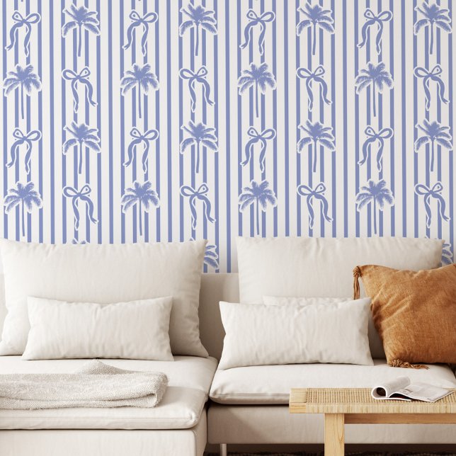 Papier Peint White Blue Coastal Palm Trees Bows Stripes Pattern (In situ)