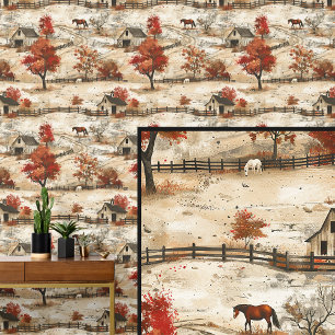 Papier Peint White & Chestnut Brown Horse Grange Automne Ranch