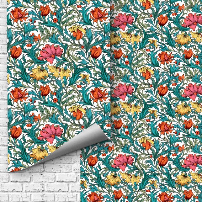 Papier Peint William Morris s'inspire des fleurs bleu rose (William Morris inspired pink blue yellow flowers Wallpaper)