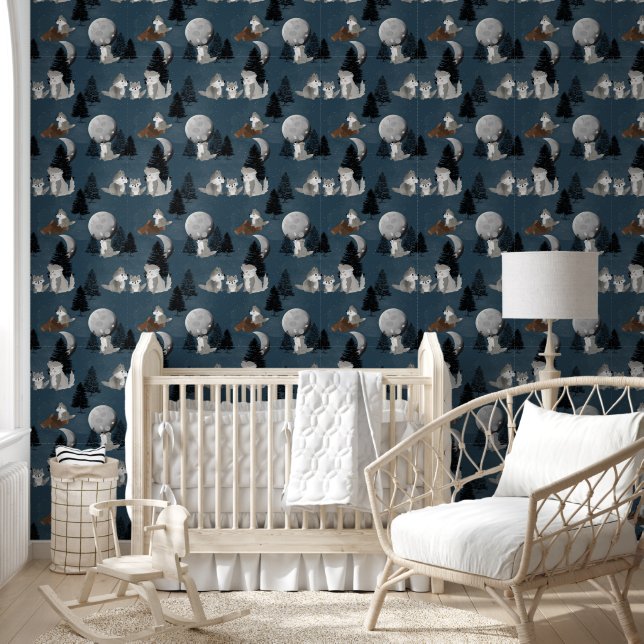 Papier Peint Wolf Pack Woodland Night Sky Moon Baby Nursery (Enfants)