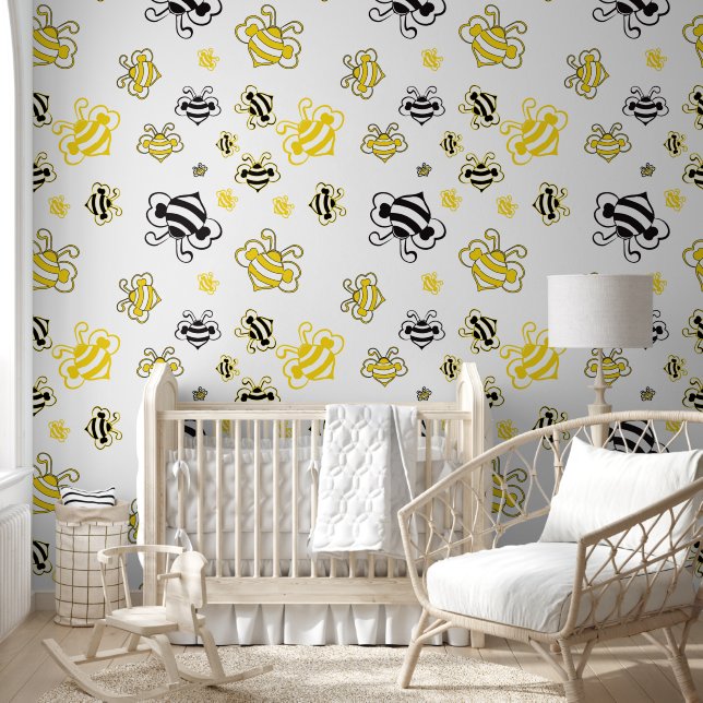 Papier Peint Yellow Bees Beehive Wallpaper – Cute Bee Pattern  (Enfants)