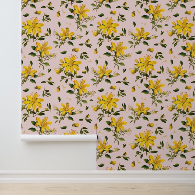 Papier Peint Yellow Flowers on Pale Pink  (Application)