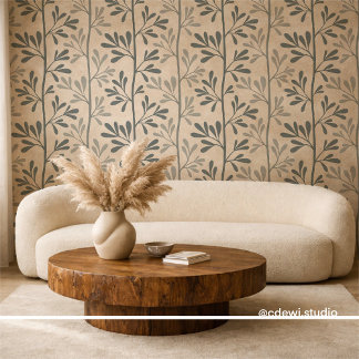 Papier Peint Zen Garden Stems Minimal Dark Green Silhouettes