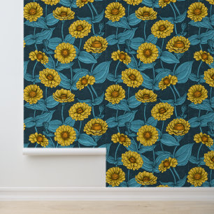 Papier Peint Zinnias jaune sur bleu foncé