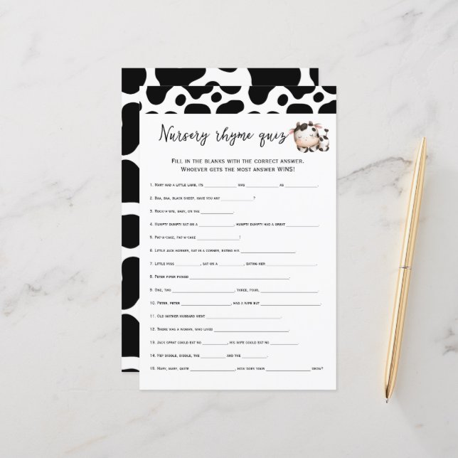 Papier pépinière de vache rimes quiz jeu de baby shower (Devant/Arrière en situation)