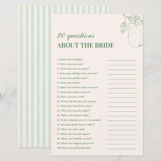 Papier Perfect Pear 20 Questions sur le jeu de mariée (Devant / Derrière)
