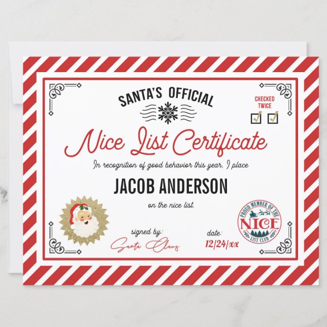 Papier Personalized Official Santa Nice List Certificate (Devant)