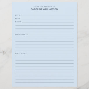 Papier Personnalisé De la cuisine de Nom Recette Bleue