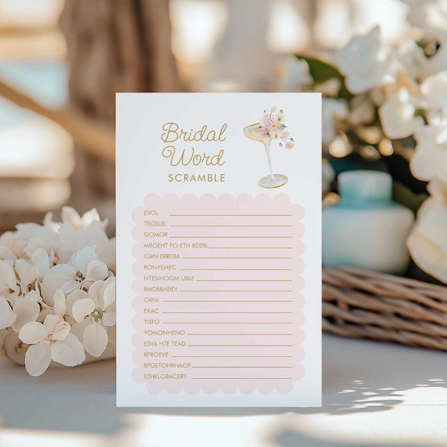 Papier Pétales et Parquet Jeu de mots nuptiaux (Petals and Prosecco Bridal word scramble game card)