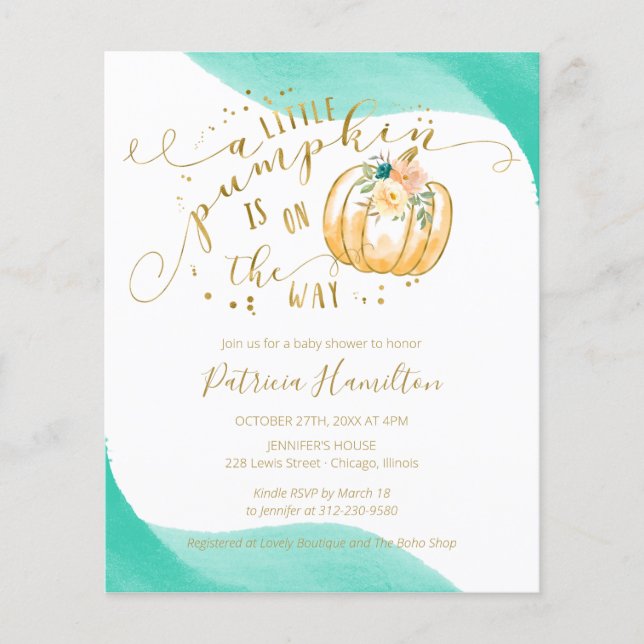 Papier Petit budget Citrouille Baby shower d'automne Invi (Devant)