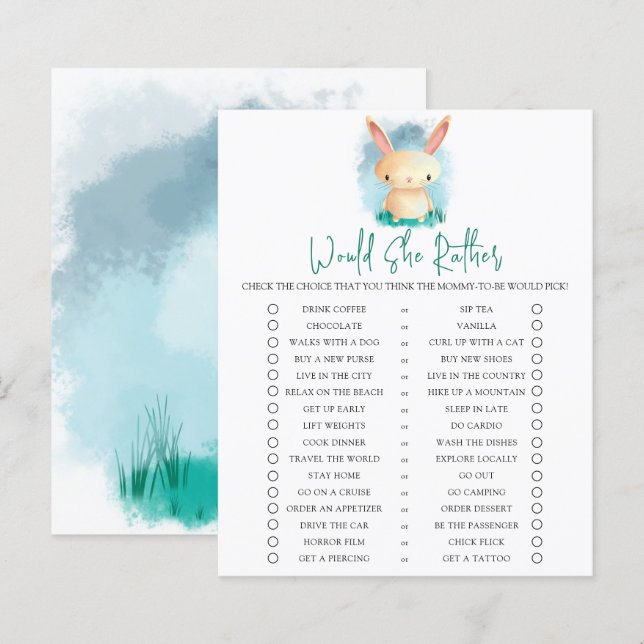 Papier Petit lapin / Elle préfère le jeu Baby shower (Devant / Derrière)