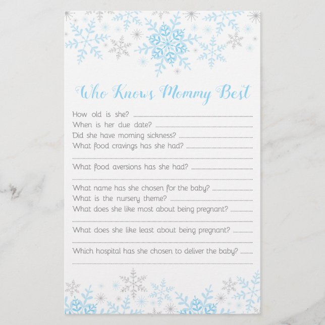 Papier Petit Snowflake Baby Boy Shower Mommy Quiz bleu (Devant)