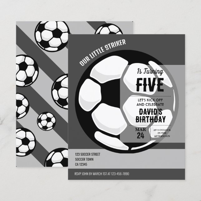Papier Petit Striker budget de football Anniversaire Invi (Devant / Derrière)