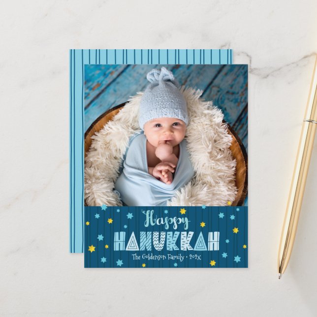 Papier Photo Budget Bonne Hanoukka Blue Gold Stars Card (Devant/Arrière en situation)