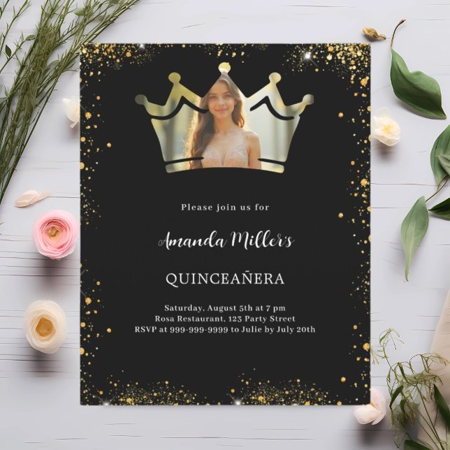 Papier Photo couronne or noir Quinceanera invitation (Créateur téléchargé)