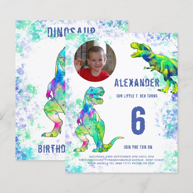 Papier Photo d'anniversaire de fête de dinosaure T Rex (Devant / Derrière)