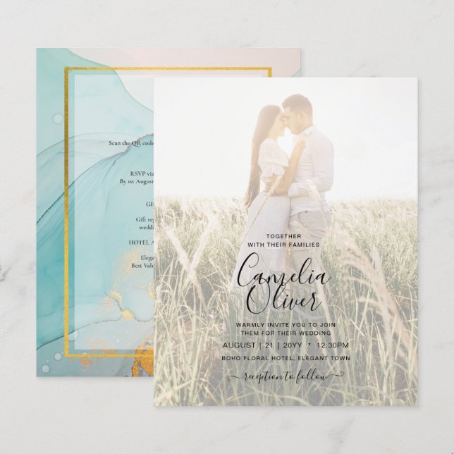 Papier PHOTO FAIRE-PART DE MARIAGE or Turquoise LeahG (Devant / Derrière)