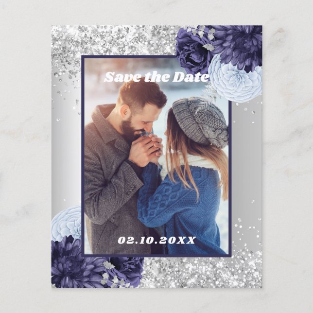 Papier Photo florale bleu argent Enregistrer le mariage d (Devant)