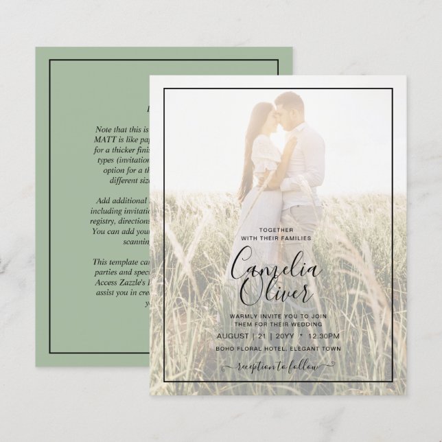 Papier PHOTO Mariage BUDGET OVERLAY Sage Monochrome (Devant / Derrière)