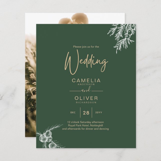 Papier PHOTO Mariage Inviter Juniper Green Modern Budget (Devant / Derrière)