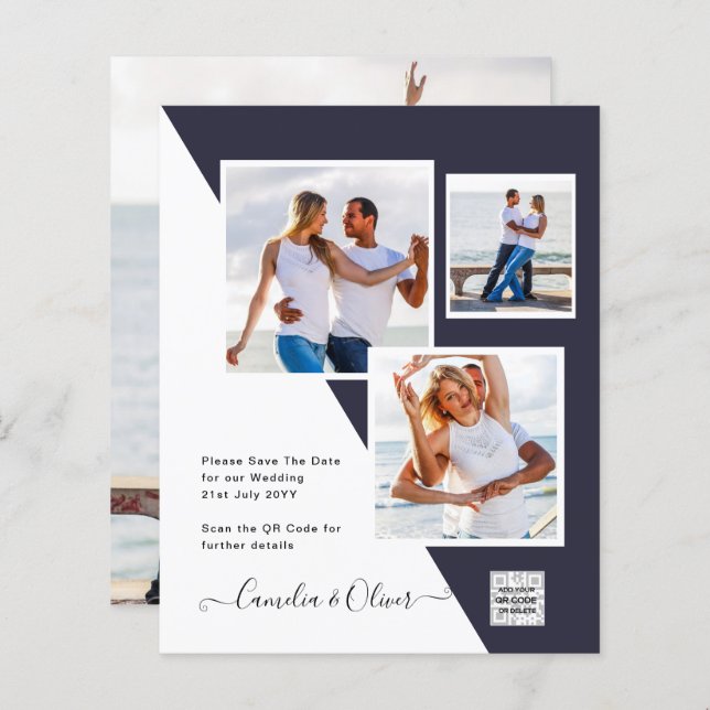 Papier PHOTO Mariage Inviter QR Code Enregistrer Date BLU (Devant / Derrière)