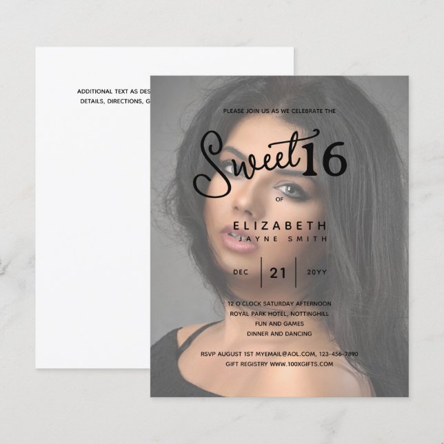 Papier PHOTO SWEET 16 Moderne Élégant Budget Anniversaire (Devant / Derrière)