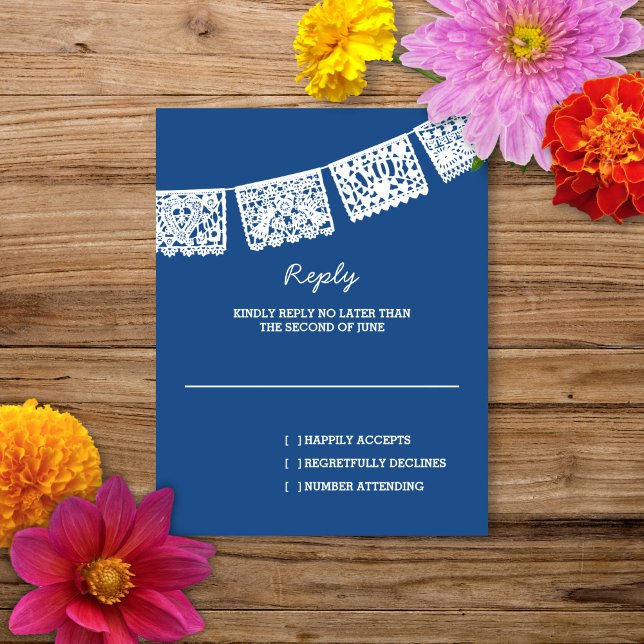Papier Picado bleu | Carte RSVP de réponse Mariage (Créateur téléchargé)