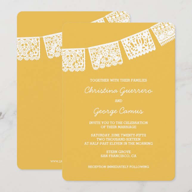 Papier Picado Jaune | FAIRE-PART DE MARIAGE (Devant / Derrière)