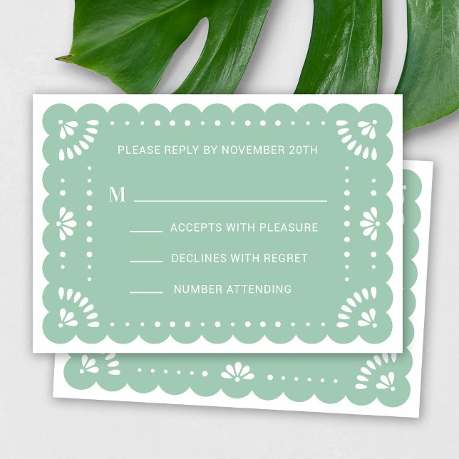 Papier Picado Style Carte RSVP mexicaine (Modern Papel Picado RSVP Card In Mint)