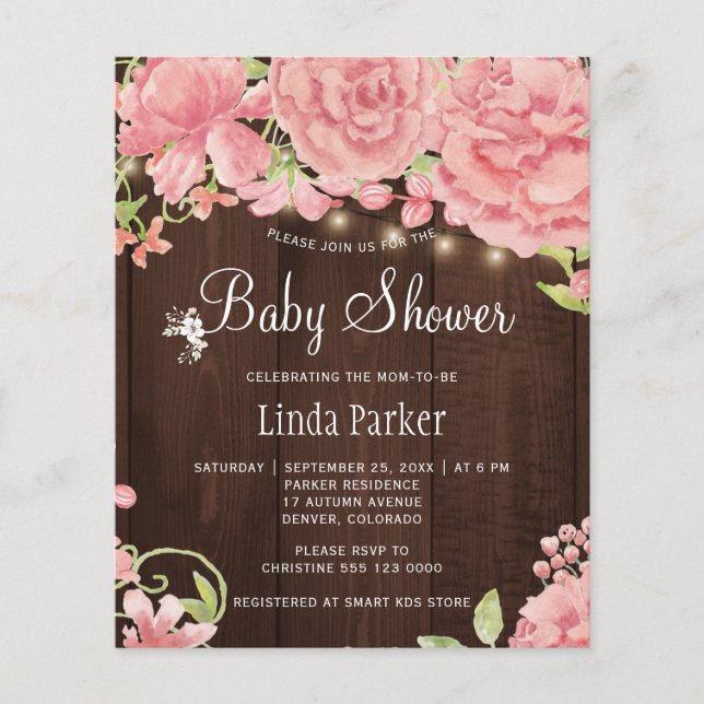 Papier Pies roses rustique budget baby shower invitation (Devant)
