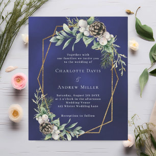 Papier Pin de cône verdure or bleu faire-part de mariage
