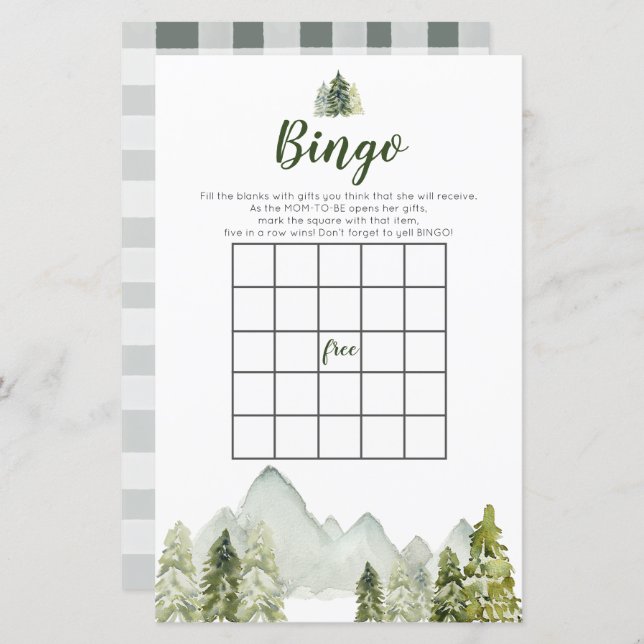Papier Pine Tree Rustic Adventure Bingo Games Baby shower (Devant / Derrière)