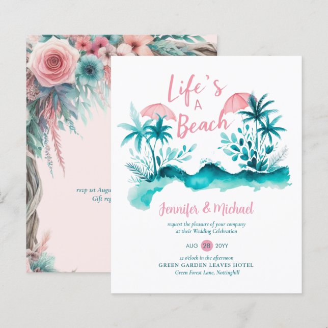 Papier Pink Aqua Beach Floral Boho Printemps été Mariage (Devant / Derrière)