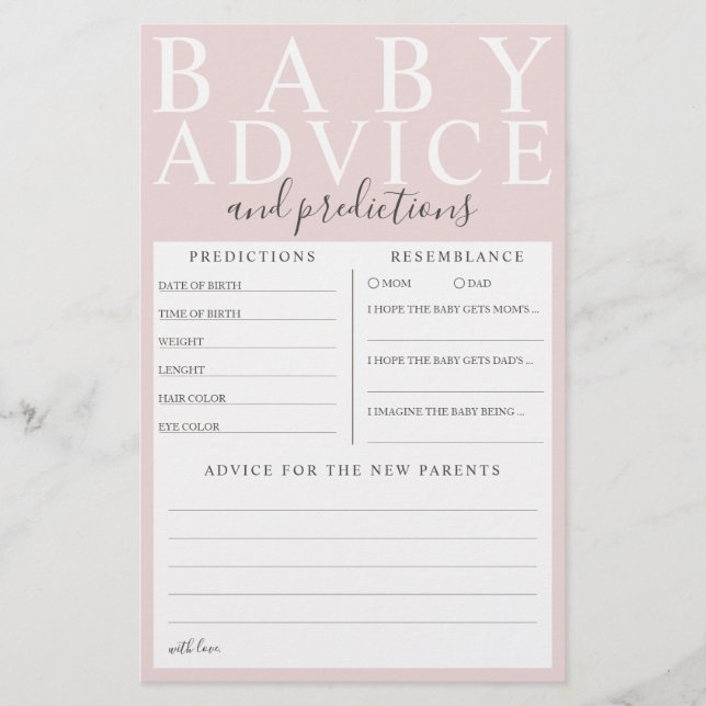 Papier Pink Baby Conseils & Prédictions Baby shower Jeu (Devant)
