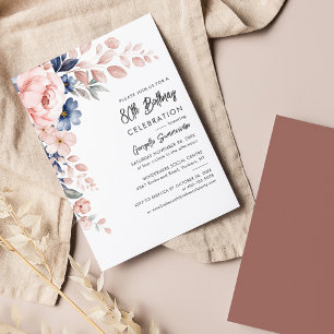 Papier Pink Blue Floral 80e anniversaire de fête Invitati
