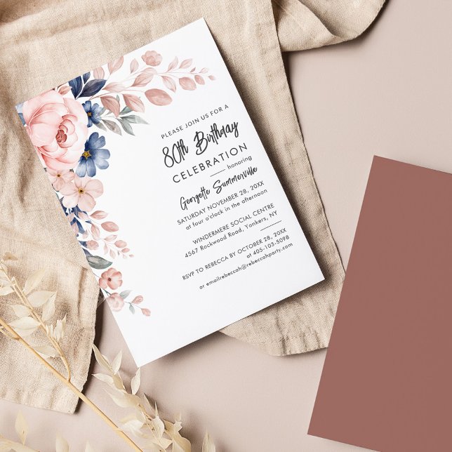 Papier Pink Blue Floral 80e anniversaire de fête Invitati (Pink Floral 80th Birthday Party Invitation)