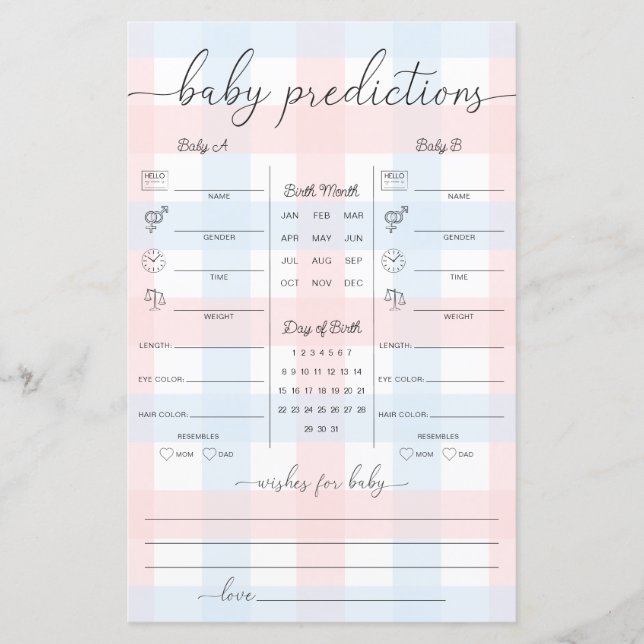 Papier Pink Blue Gingham Twins Baby Predictions Game (Devant)